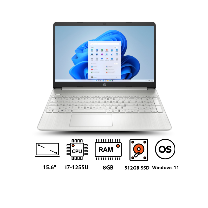 لاب توب اتش بي 15S-FQ5043NE، شاشة 15.6 بوصة، انتل كور  i7-1255U، سعة 512 جيجا SSD، رام 8 جيجا، كارت شاشة انتل ايريس XE جرافيكس، ويندوز 11 - فضي