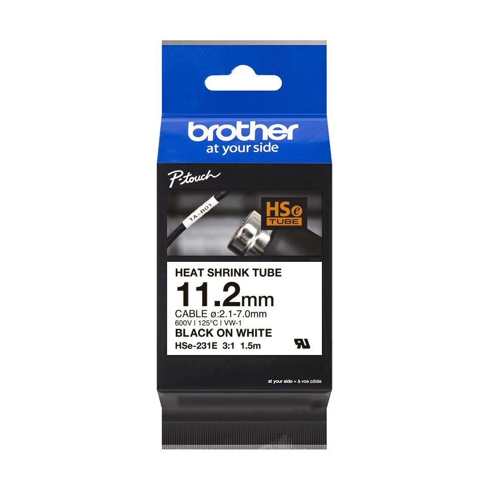 Brother P-Touch Heat Shrink Tube, 11.2mm, 1.5 Meters, Black on White - HSe-231E
