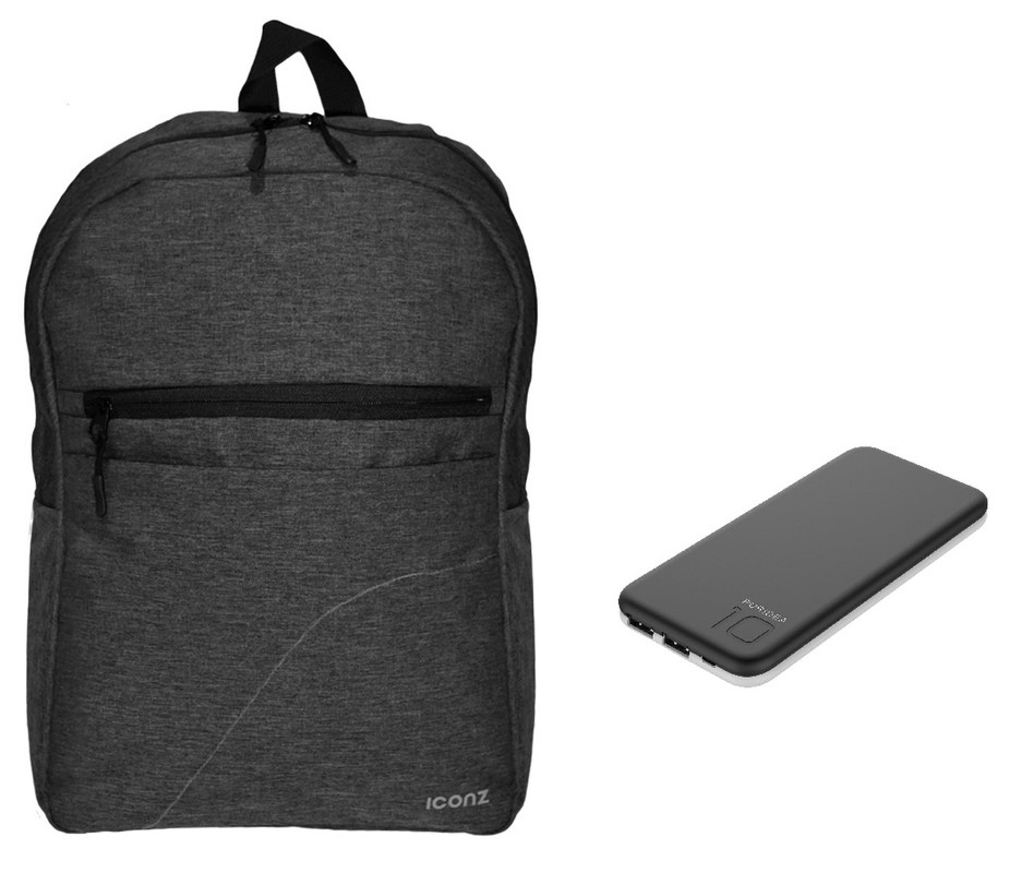 ICONZ Laptop Backpack, 15.6 Inch, Grey - 4011 with Puridea S2 Power Bank, 10000mAh - Black-White
