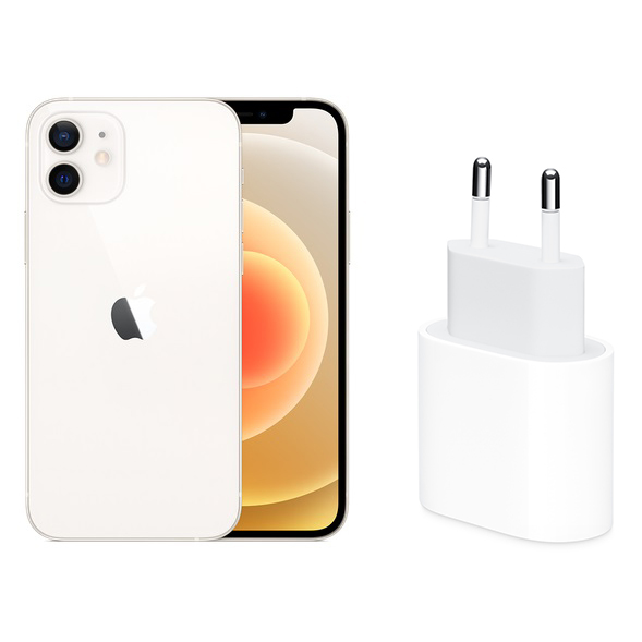Apple iPhone 12, 128GB, 5G - White with Apple USB-C Power Adapter, 20 Watt, White - MHJE3ZM-A