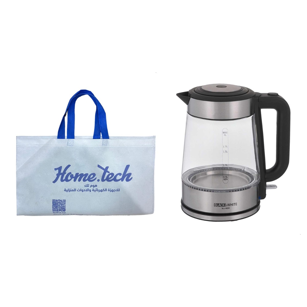 Black And White Electric Kettle, 2 Liters, 2200 Watt, Black and Silver - KS400 with Gift Bag