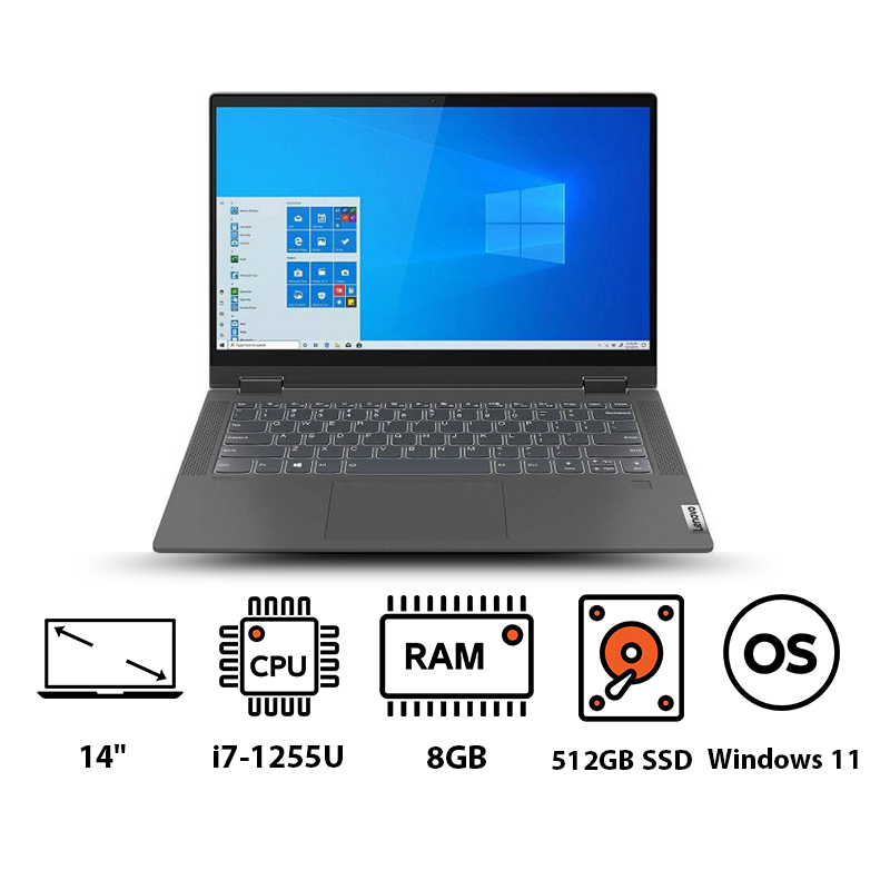 Lenovo IdeaPad Flex 5 Laptop, Intel Core i7-1255U, 14 Inch WUXGA Touchscreen, 512GB SSD, 8GB RAM, Intel Iris XE Graphics, Windows 11 - Storm Grey