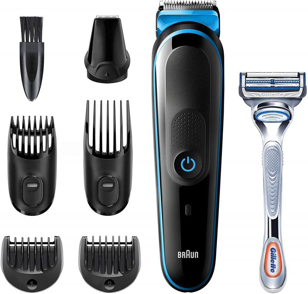 Braun All in One Hair Trimmer with Gillette Razor for Men, Black/Blue - MGK3242