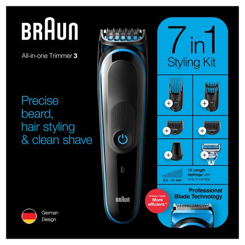 Braun All in One Hair Trimmer 3 with Gillette Razor for Men, Black/Blue - MGK3242
