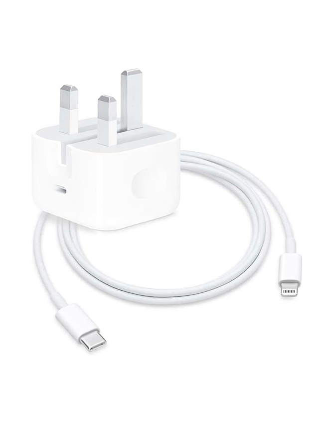 Apple Wall Charger, 20W, USB-C port, White - ‎MHJF3ZE-A with Apple USB-C to Lightning Charging, Data and Sync Cable, 1 Meter, White - MUF72ZM