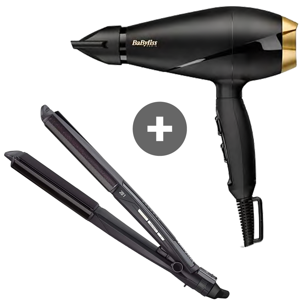 Babyliss Power Pro 2000 Hair Dryer, 2000 Watt - 6704E with Babyliss Wet and Dry Hair Curler and Straightener- ST330E