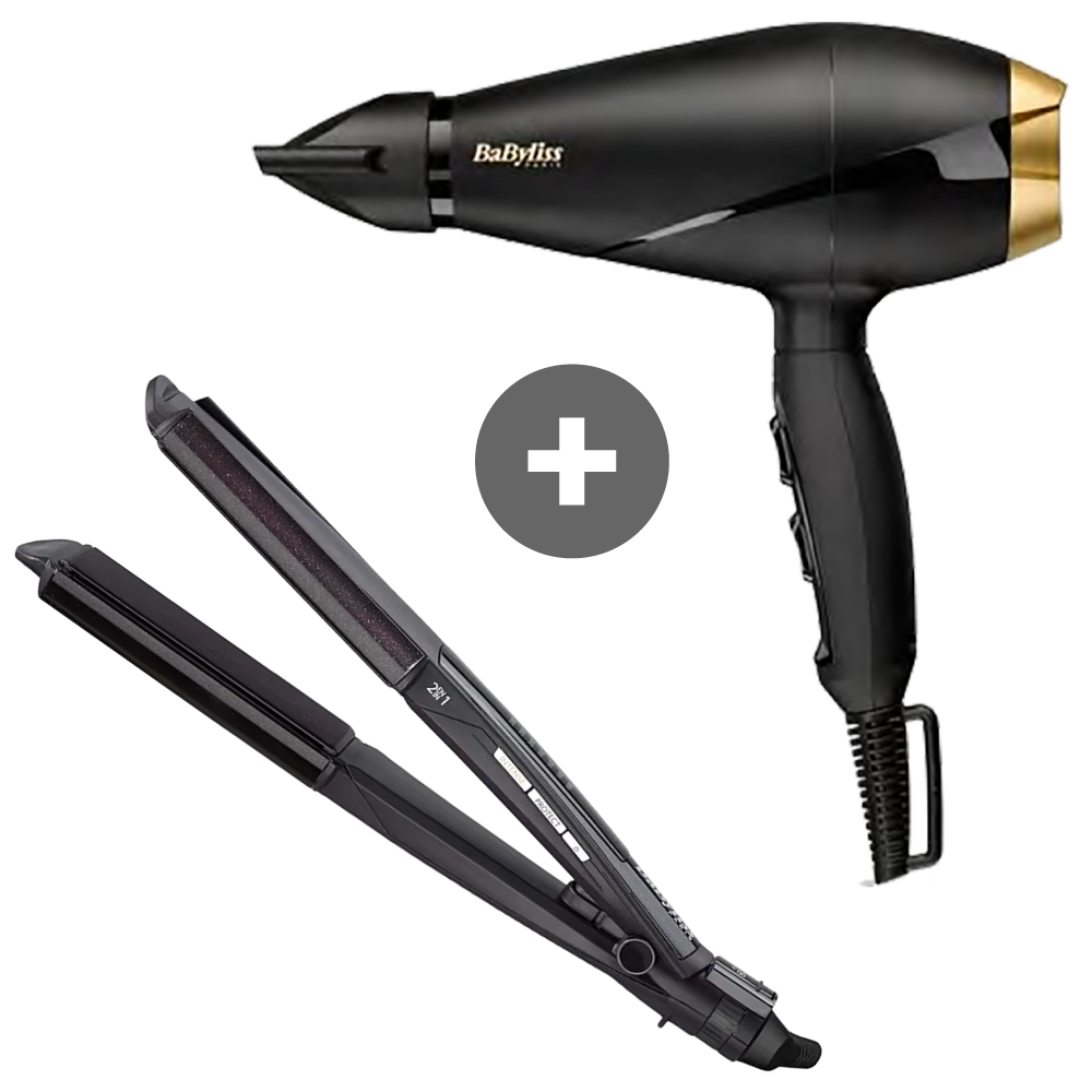 Babyliss Power Pro 2000 Hair Dryer 2000 Watt 6704E with Babyliss Wet and Dry Hair Curler and Straightener ST330E Best price in Egypt B.TECH