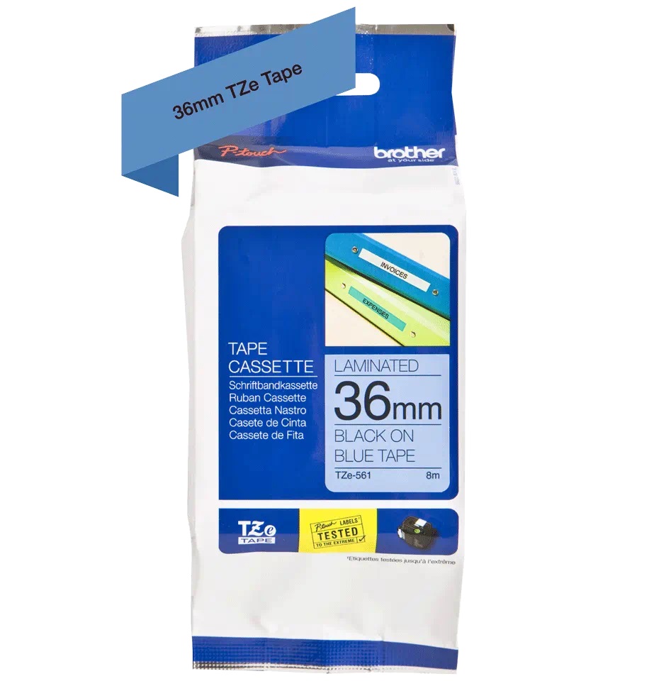 Brother Label Tape, 36mm, 8 Meters, Black on Blue - TZe-561