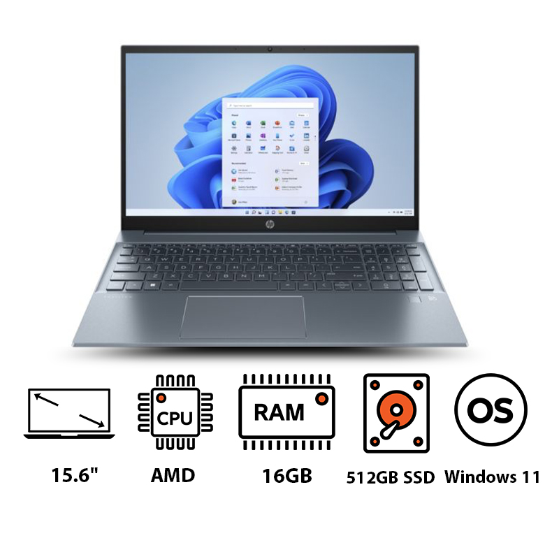 HP Pavilion 15-eh3001ne 822S6EA Laptop, AMD Ryzen 7 7730U, 512GB SSD, 16GB RAM, 15.6 Inch FHD Display, AMD Radeon Graphics, Windows 11- Fog Blue | Best price in Egypt | B.TECH