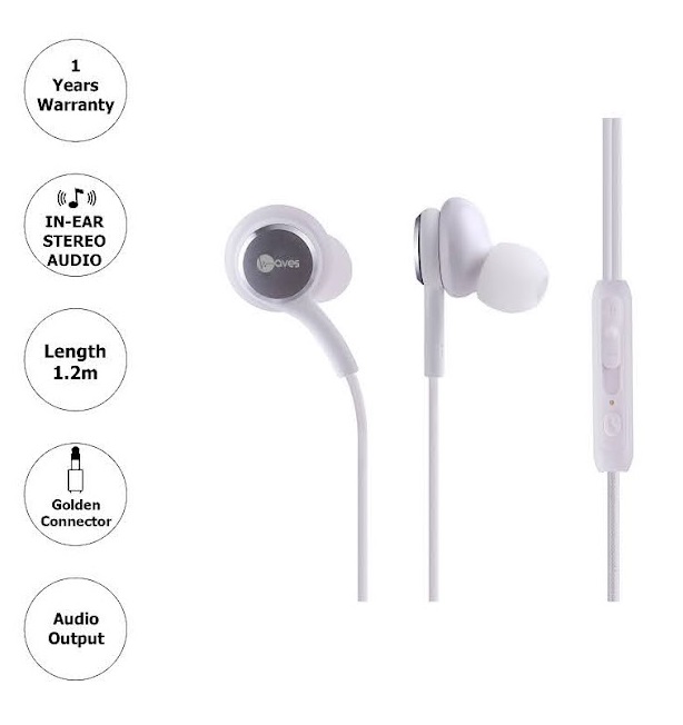 Waves In-ear Wired Earphones with Microphone, White - WA-EFH04